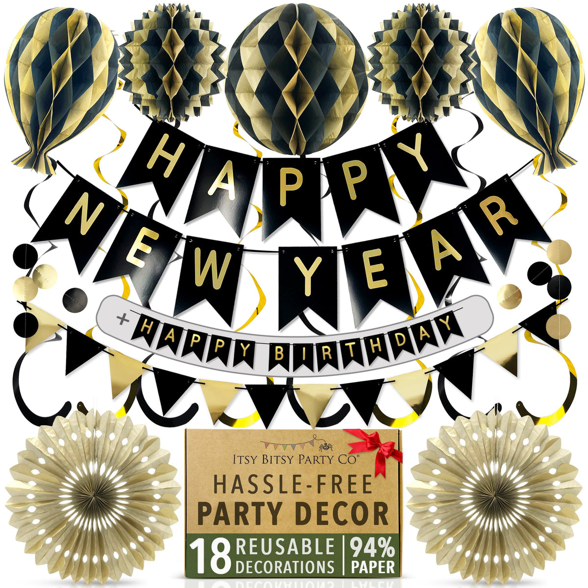 Premium Reusable New Years Eve Decorations 2026 - Multi-occasion Happy New Year Banner also spells Happy Birthday, Fast Assembly with Velcro - NYE