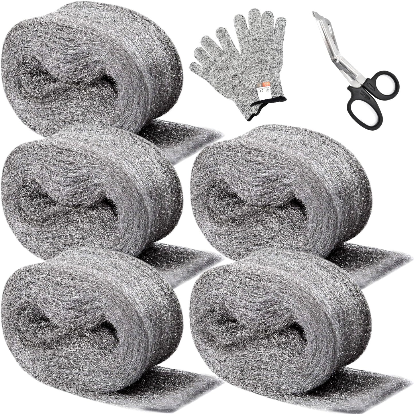 Meff-Mluk 5 Pack Steel Wool Mice, 15 Meter Ultra Fine Steel Wool 0000 Coarse Wire Wool Gaps Blocker with Gloves, Scissors for Keeps Mice & Rodents