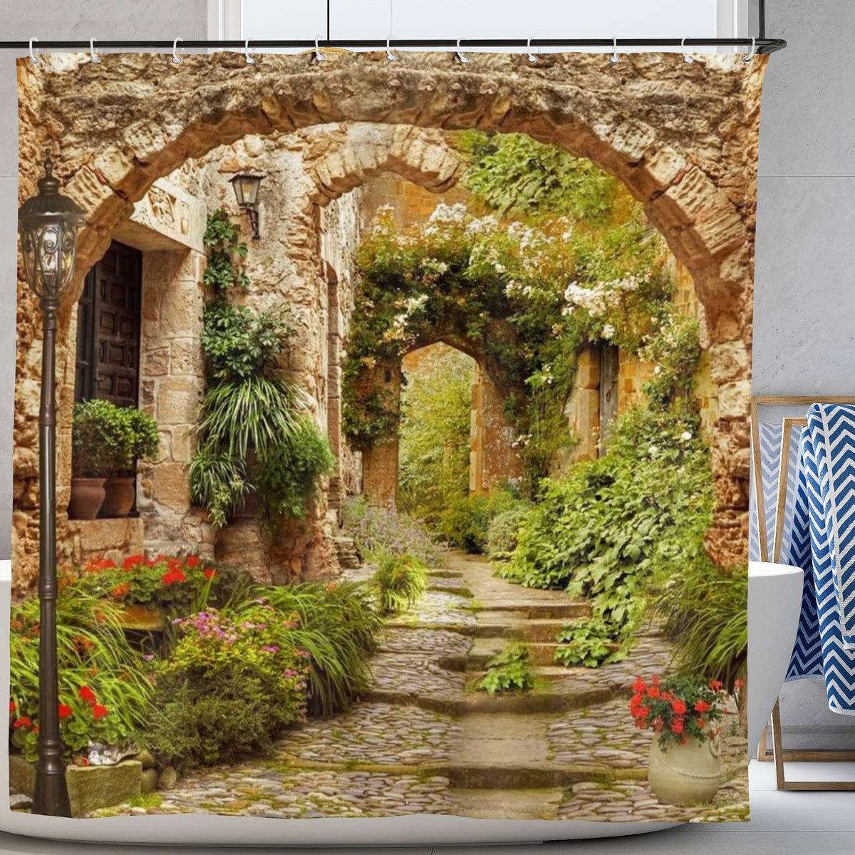 Abaysto Magical Garden Shower Curtain Polyester Fabric Waterproof Bath Curtain, Patio Stones Pattern for Shower Stall, Bathroom Curtains with 12 PCS