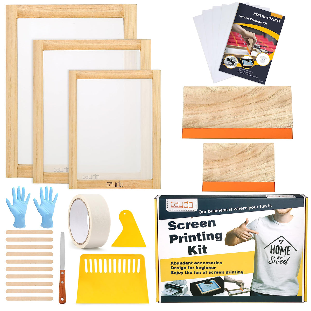 Caydo 23 Pieces Screen Printing Starter kit Include 3 Different Size of Wood Silk Screen Printing Frame with Mesh, Screen Printing Squeegees, Inkjet