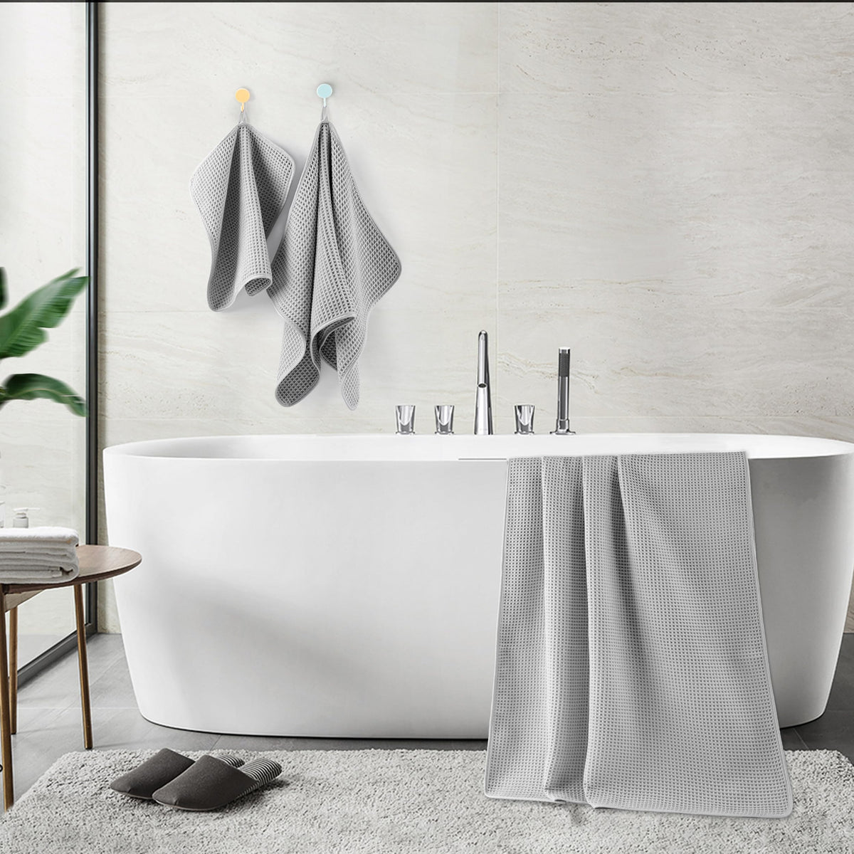 POLYTE Microfibre Oversize, 76 x 152 cm, Quick Dry Lint Free Bath Towel Set, 6 Piece (Light Grey, Waffle Weave)