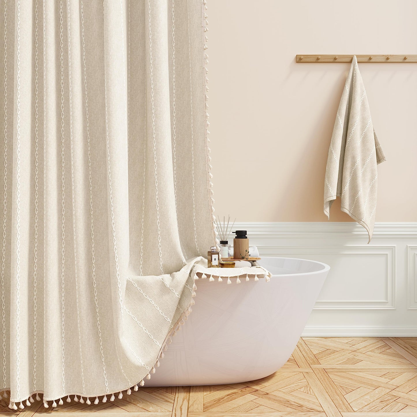 BTTN Boho Farmhouse Shower Curtain, Mildew Resistant Striped Linen-Look Fabric Tassel Shower Curtains, Durable and Washable with 12 Plastic Hooks,