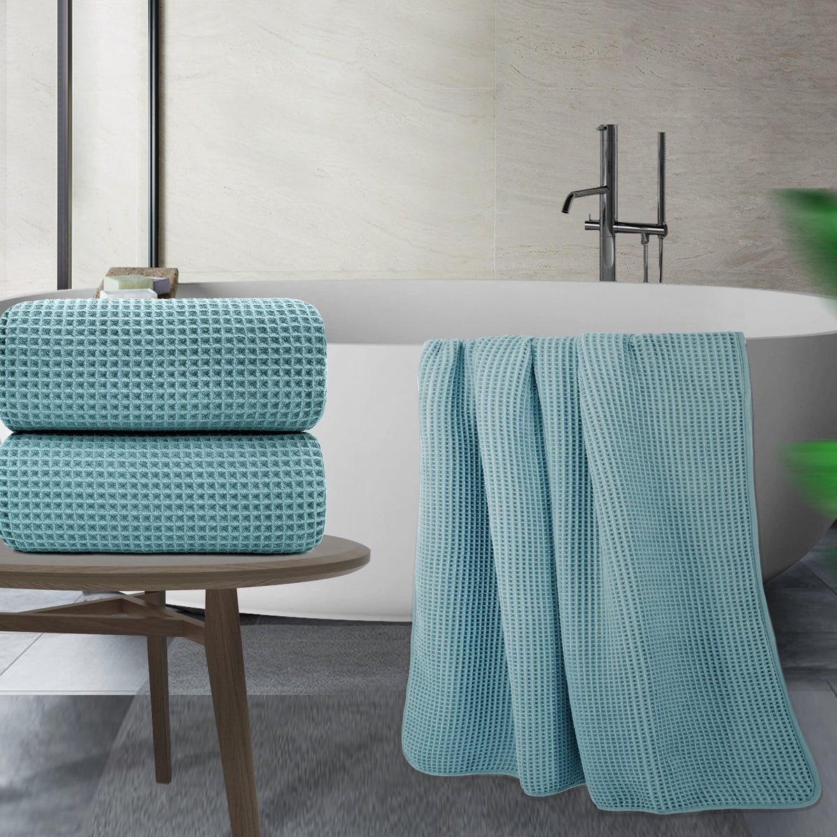 POLYTE Microfibre Quick Dry Lint Free Bath Sheet, 89 x 178 cm, Set of 2 (Green, Waffle Weave)