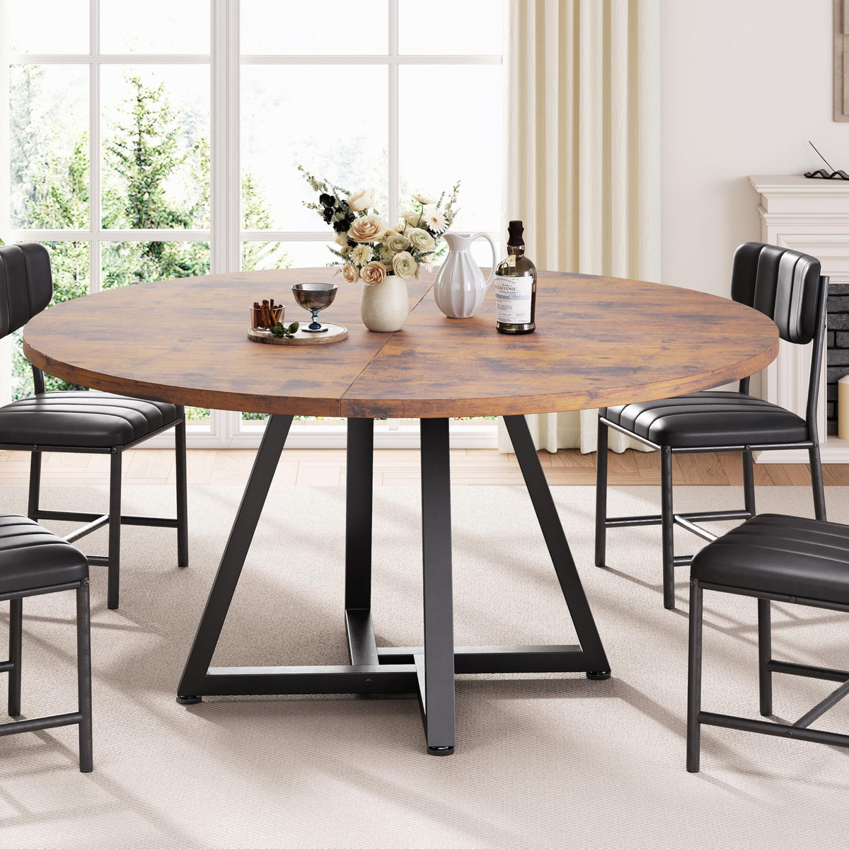 Jocoevol Round Kitchen Dining Table for 2-4 People, Circle Dinner Table with Metal Frame, Space Saving Wood Industrial Furniture (Vintage, 42 inch