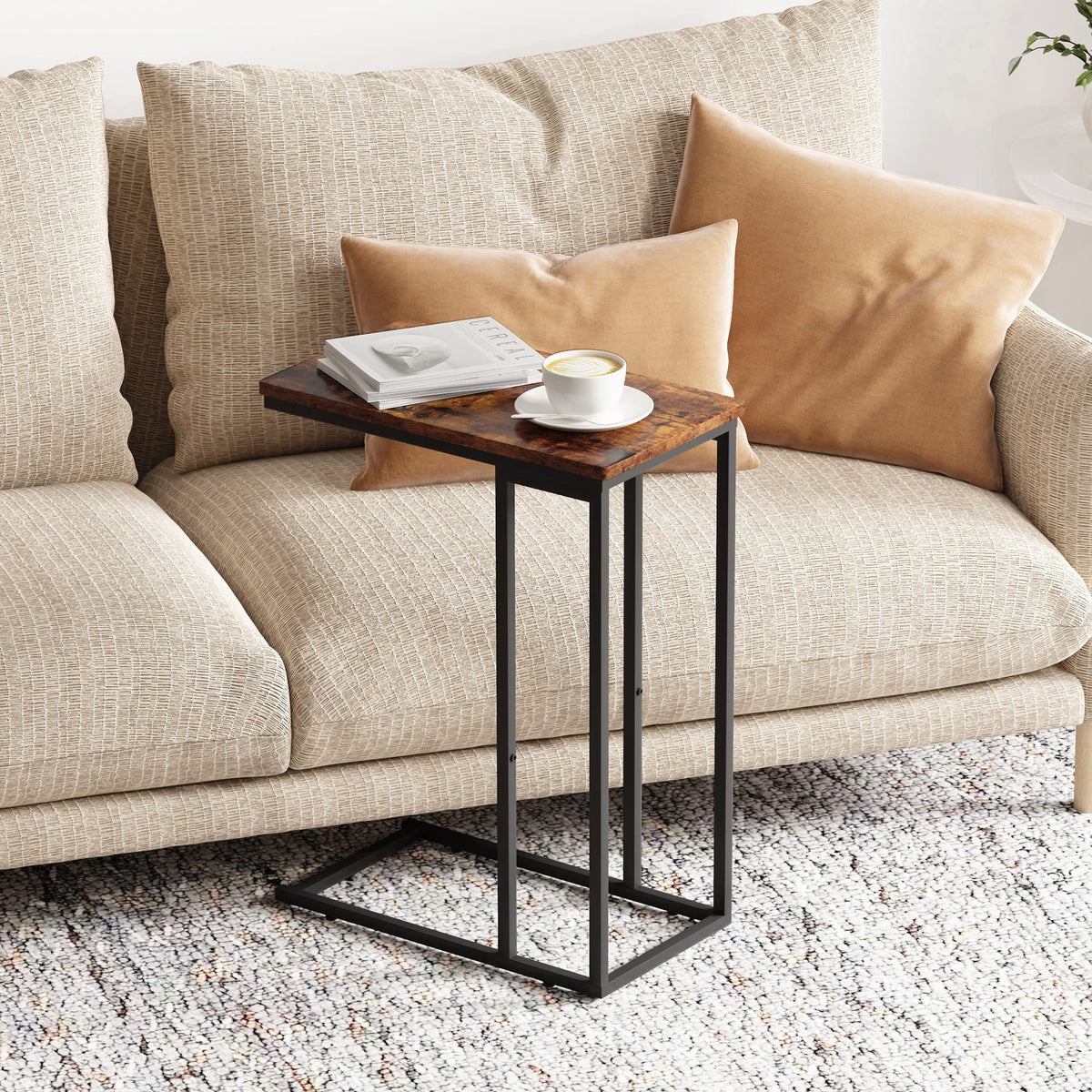 Yusong Small C Shaped End Table, Slim Narrow Couch Side Tables Slide Under Sofa Bed, Skinny Snack Tray Table for Coffee Laptop in Living Room, Rustic