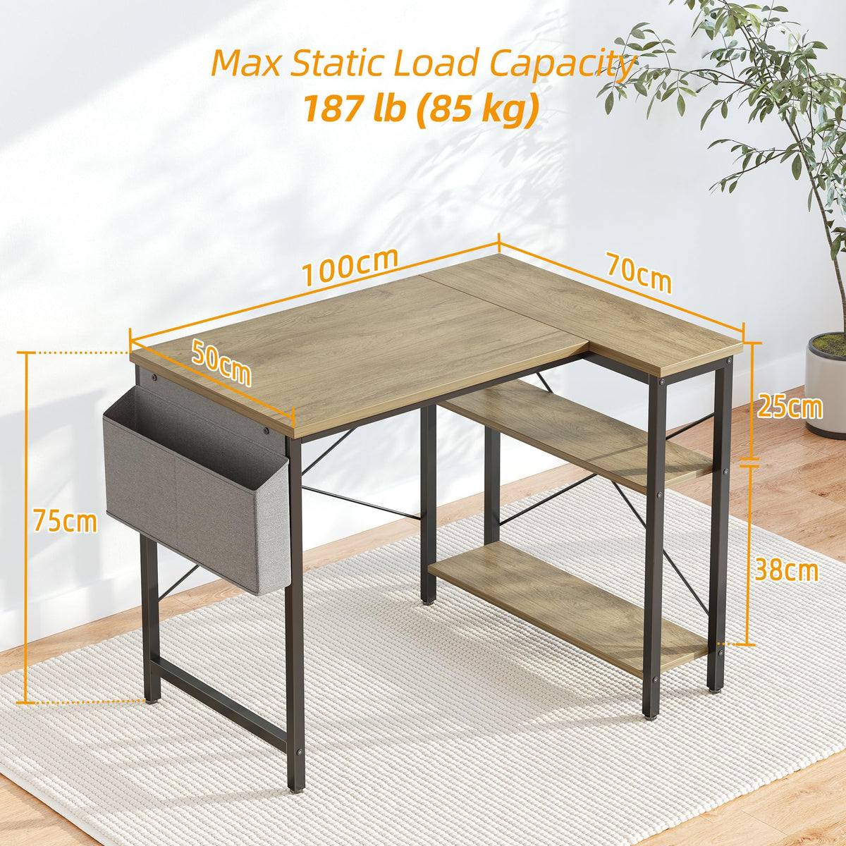 BEXEVUE L Shaped Corner Desk - 100x70 cm Study Office Gaming Desk, Computer Desk Small Writing Table, Large Reversible Storage Shelves, Bookshelf