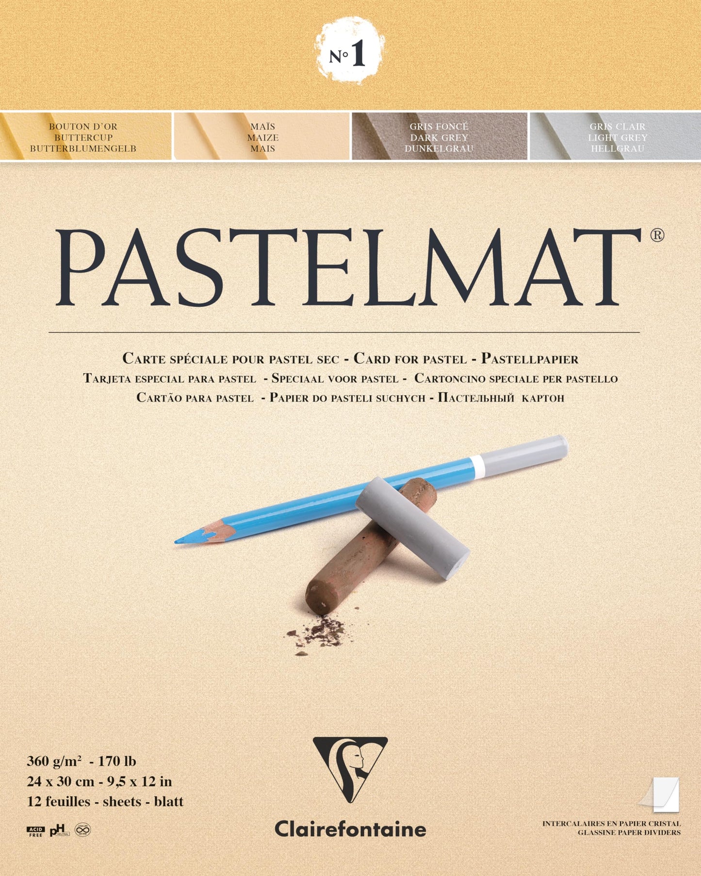 Clairefontaine - Ref 96017C - Pastelmat Pastel Card Pad No.1 (12 Sheets) - 360gsm Card - 24 x 30cm - Assorted Colours - Specially Formulated For Use