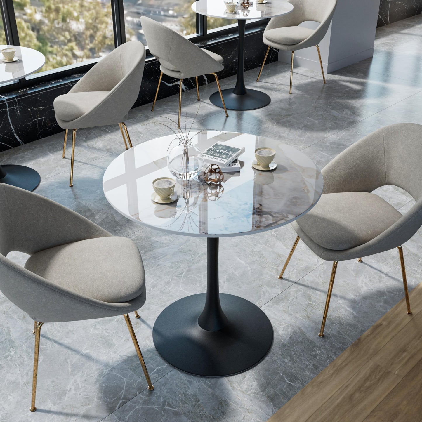 FATIVO Kitchen Dining Table Marble Tabletop: Round 76cm Modern Sintered Stone Cold Jadeite Natures White Marble Top Dinner Tables with Black Round