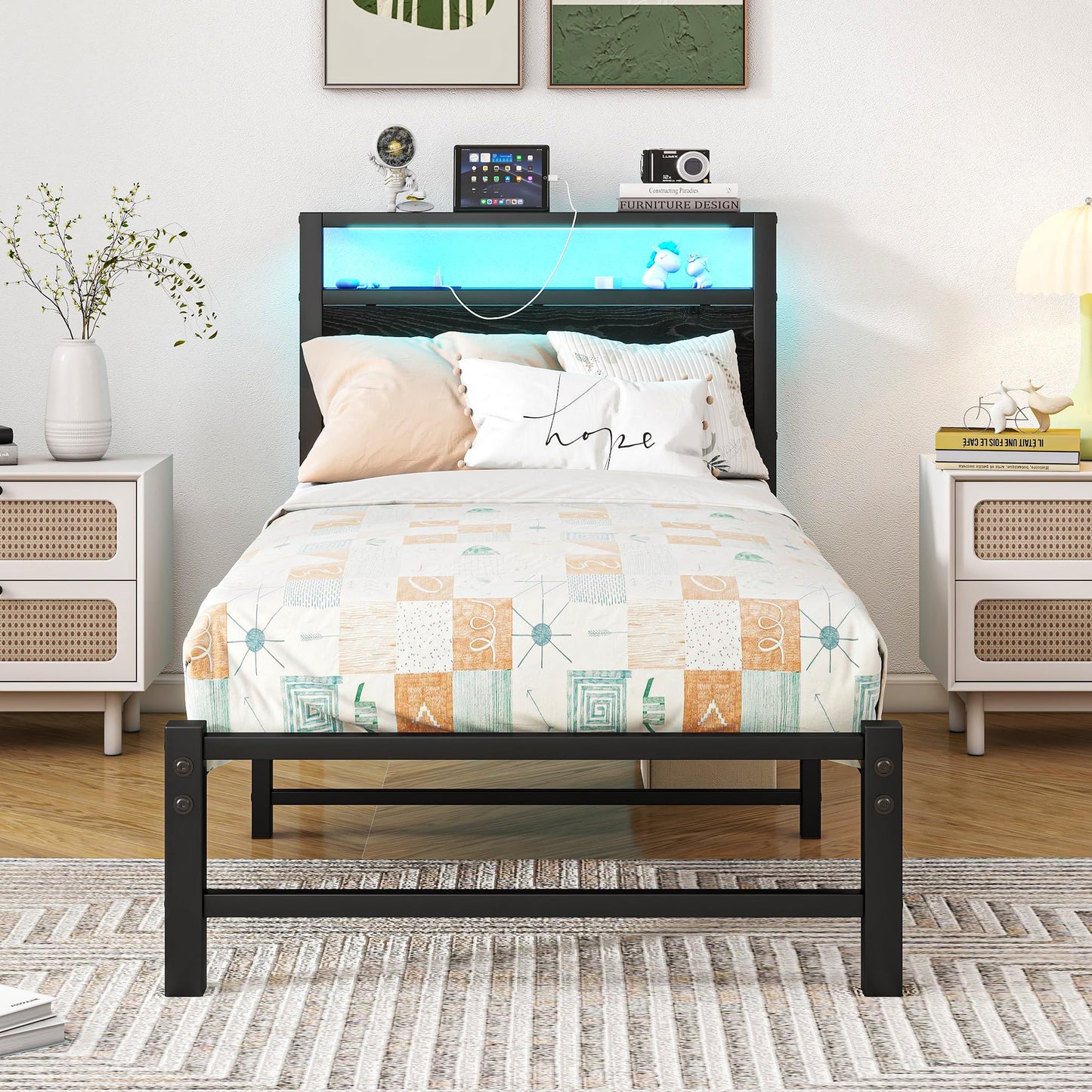 VERFARM 3ft Single Bed Frames with Wooden Storage Headboard Shelf and Charging Station/LED Lights, Heavy Duty Metal Bed Frame Single, No Box Spring