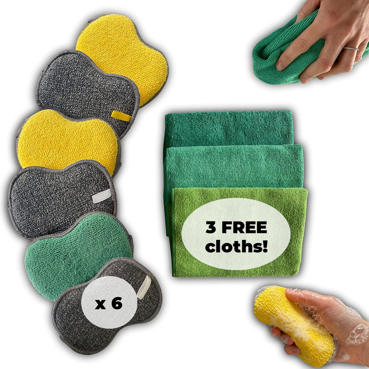 6pack Reusable Sponges Washing Up + 3 microfiber dish cloths FREE ! Bundle of cleaning products. Perfect sponge to clean surfaces, bathroom, kitchen.