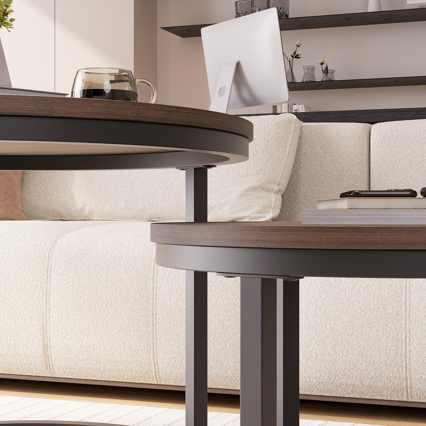 HOJINLINERO Round Nesting Coffee Table Set of 2,Stacking Sofa Side Table End Table, for Living Room, Bedroom, Office, Balcony, Apartment (Walnut)