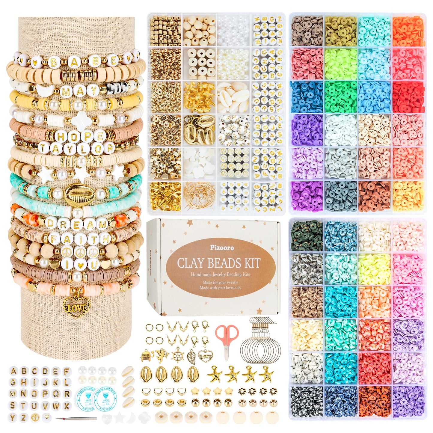 Pizooro Clay Beads 3 Boxes Bracelet Making Kit, 10500pcs Beads for Jewelry Making, Letter Beads with Charm and Elastic Strings, Friendship Bracelets