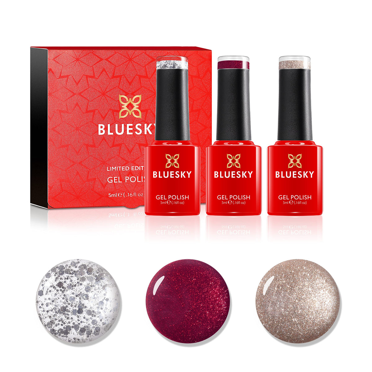 Bluesky Gel Nail Polish Christmas Set, Glitter Gel Polish - Heart Queen, Golden Star, Silver Flakes, Silver, Red, Gold, 3 x 5 ml Gel Polish Set