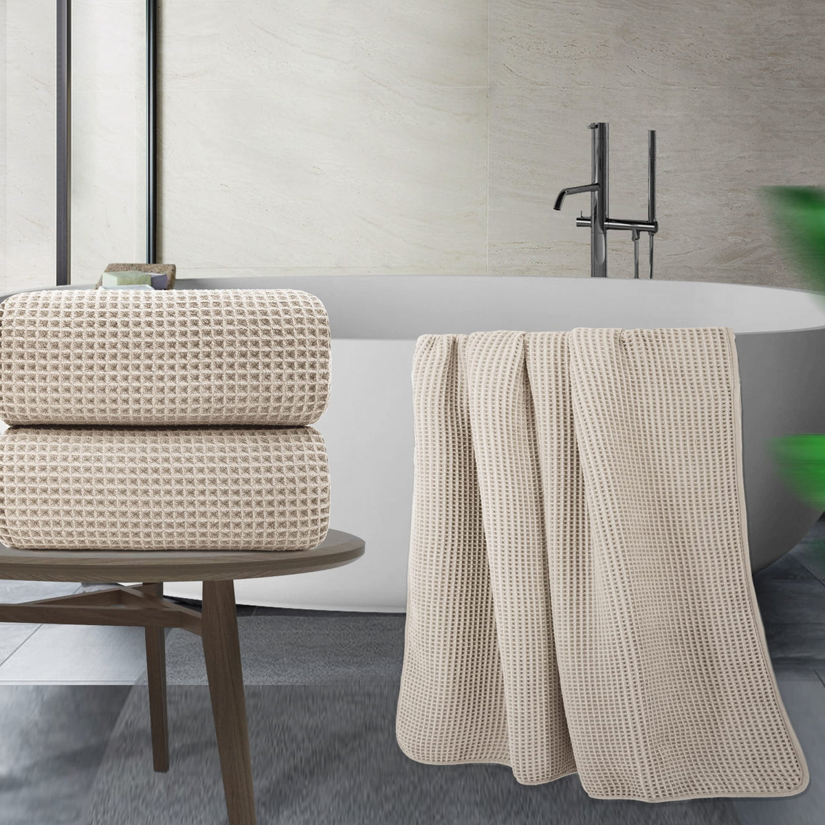 POLYTE Microfibre Quick Dry Lint Free Bath Sheet, 89 x 178 cm, Set of 2 (Beige, Waffle Weave)
