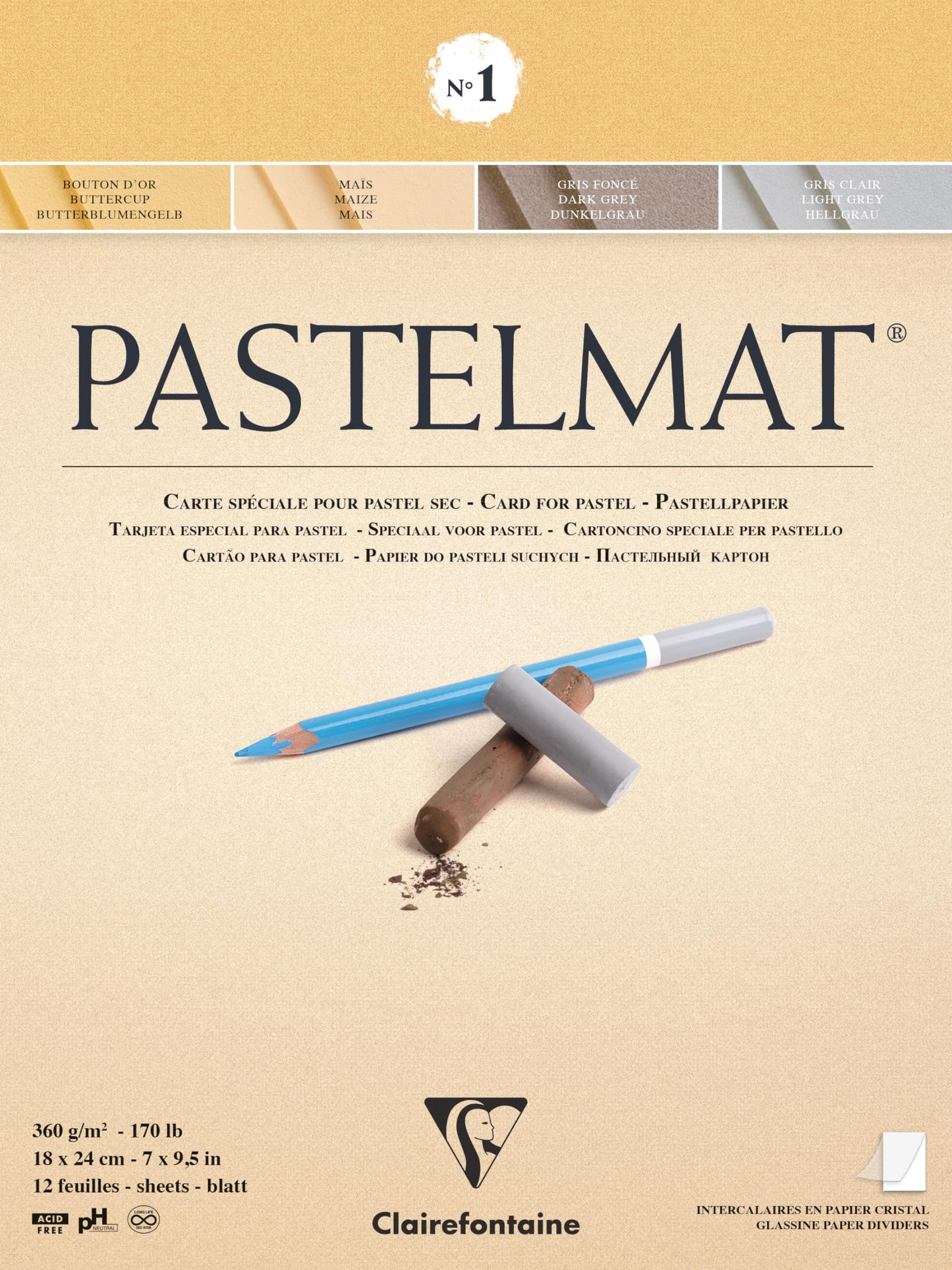 Clairefontaine - Ref 96016C - Pastelmat Pastel Card Pad No.1 (12 Sheets) - 360gsm Card - 18 x 24cm - Assorted Colours - Specially Formulated For Use