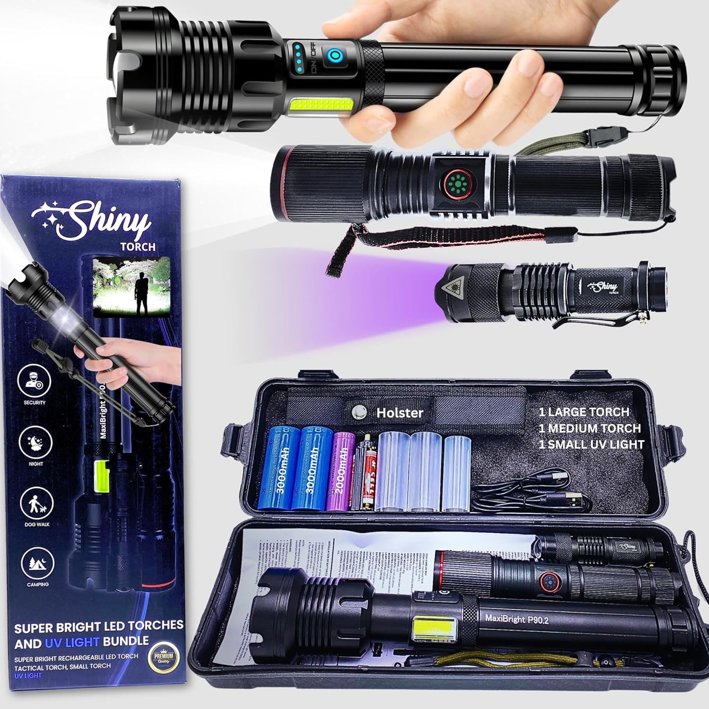 Shiny Torch MaxiBright LED Torch Bundle, Used- very good, tested, open, scruffy box