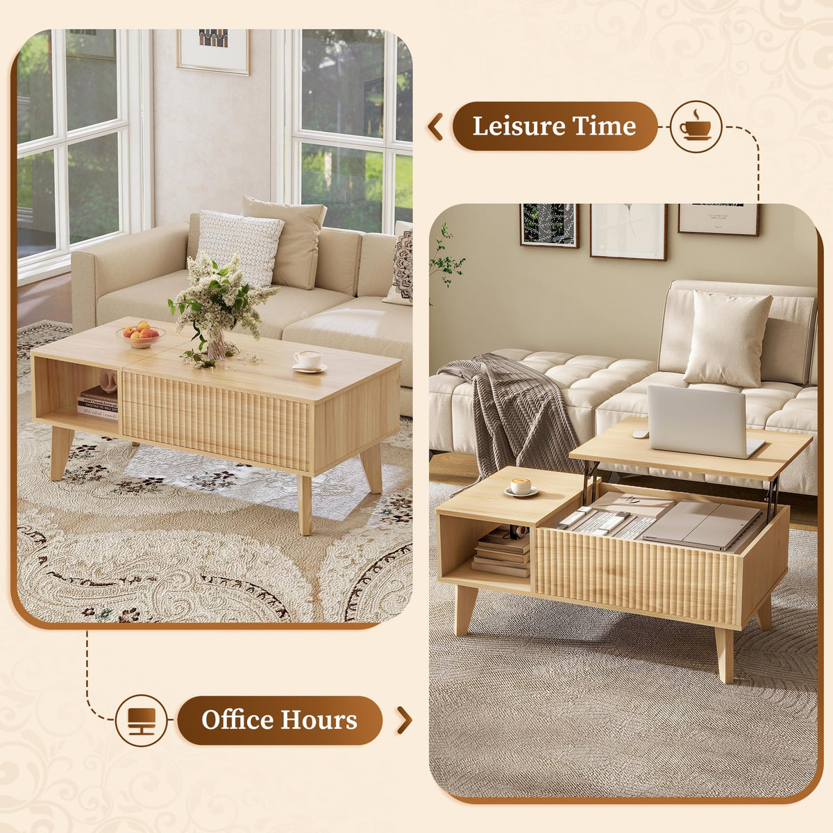 LYNCOHOME Lift Up Coffee Table, Modern Oak Coffee Tables for Living Room, Square Coffee Table with Hidden Storage,Extendable Tabel,Wooden,Home