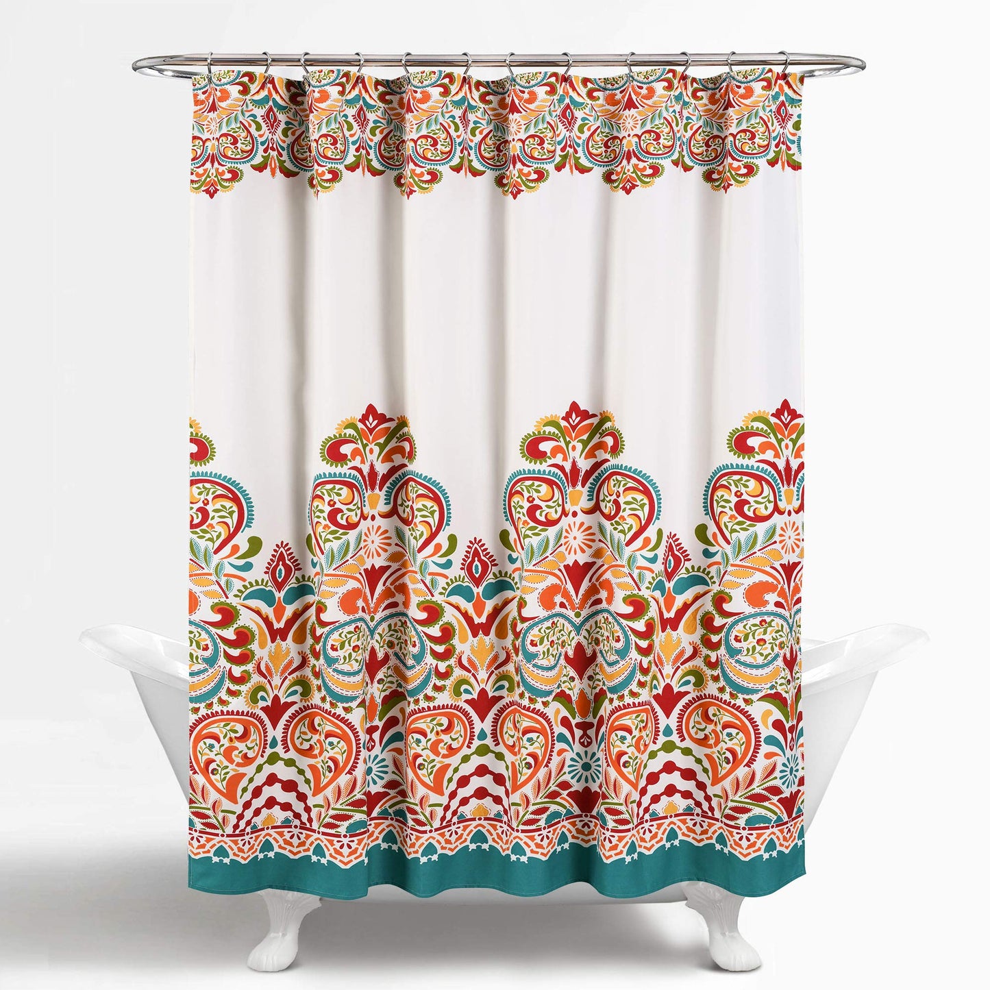 Lush Decor Clara Shower Curtain-Fabric Colorful Boho Paisley Damask Print Design, 72? x 72?, Turquiose & Tangerine