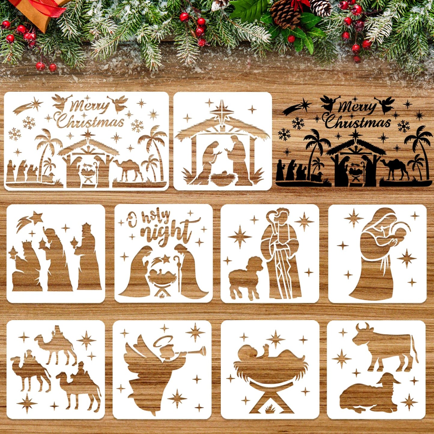 HOWAF 10PCS Nativity Set Stencil, Merry Christmas Stencils for Crafts Plastic Reusable Christmas Window Stencils for Snow Spray Nativity Scene for DIY