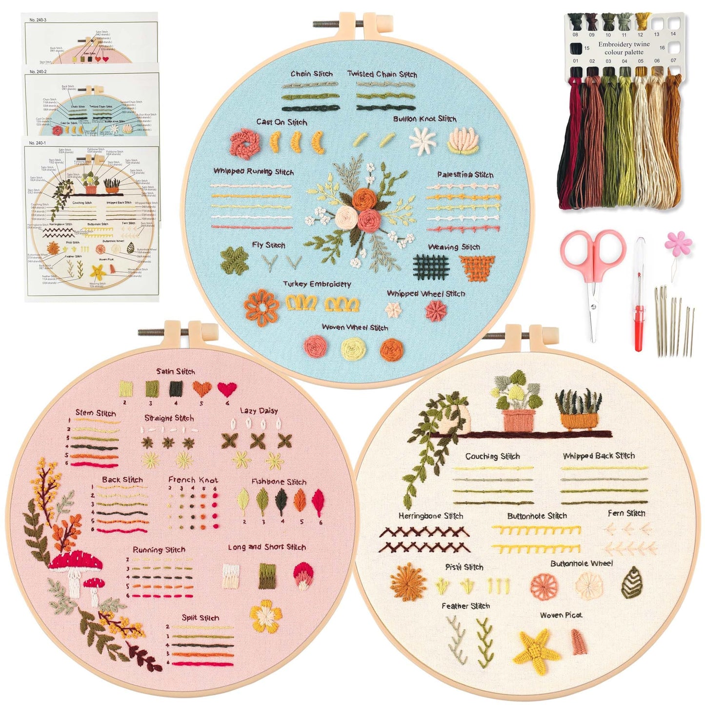 Myfelicity 3 Embroidery kit for Beginners, Embroidery Starter Kits to Learn 30 Different Stitches, Including Fabric with Prints, Threads, Needles,
