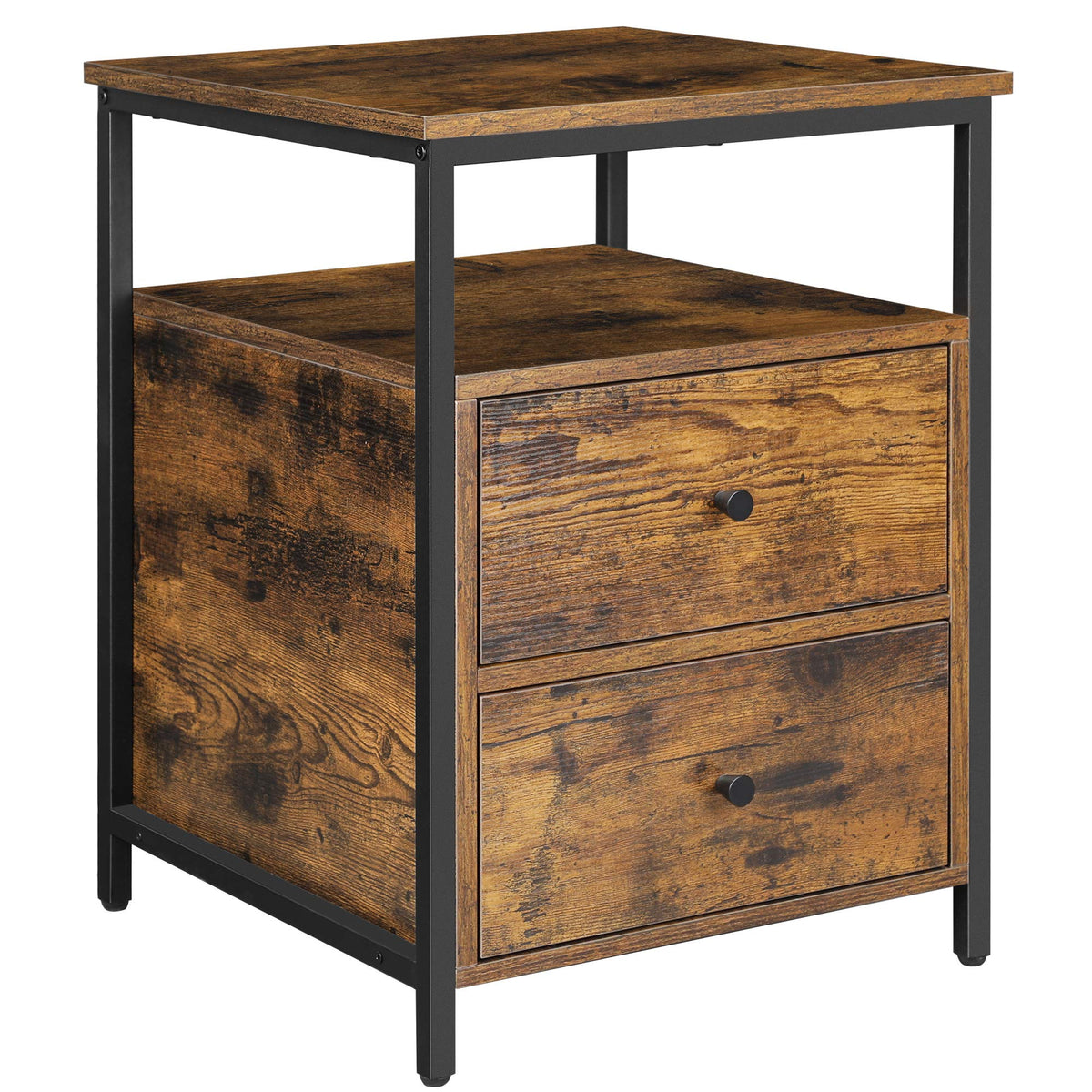 VASAGLE LET067B01 Bedside Table, Side Table, 45 x 45 x 60 cm, with Open Compartment, 2 Drawers, for Living Room, Bedroom, Rustic Brown and Black