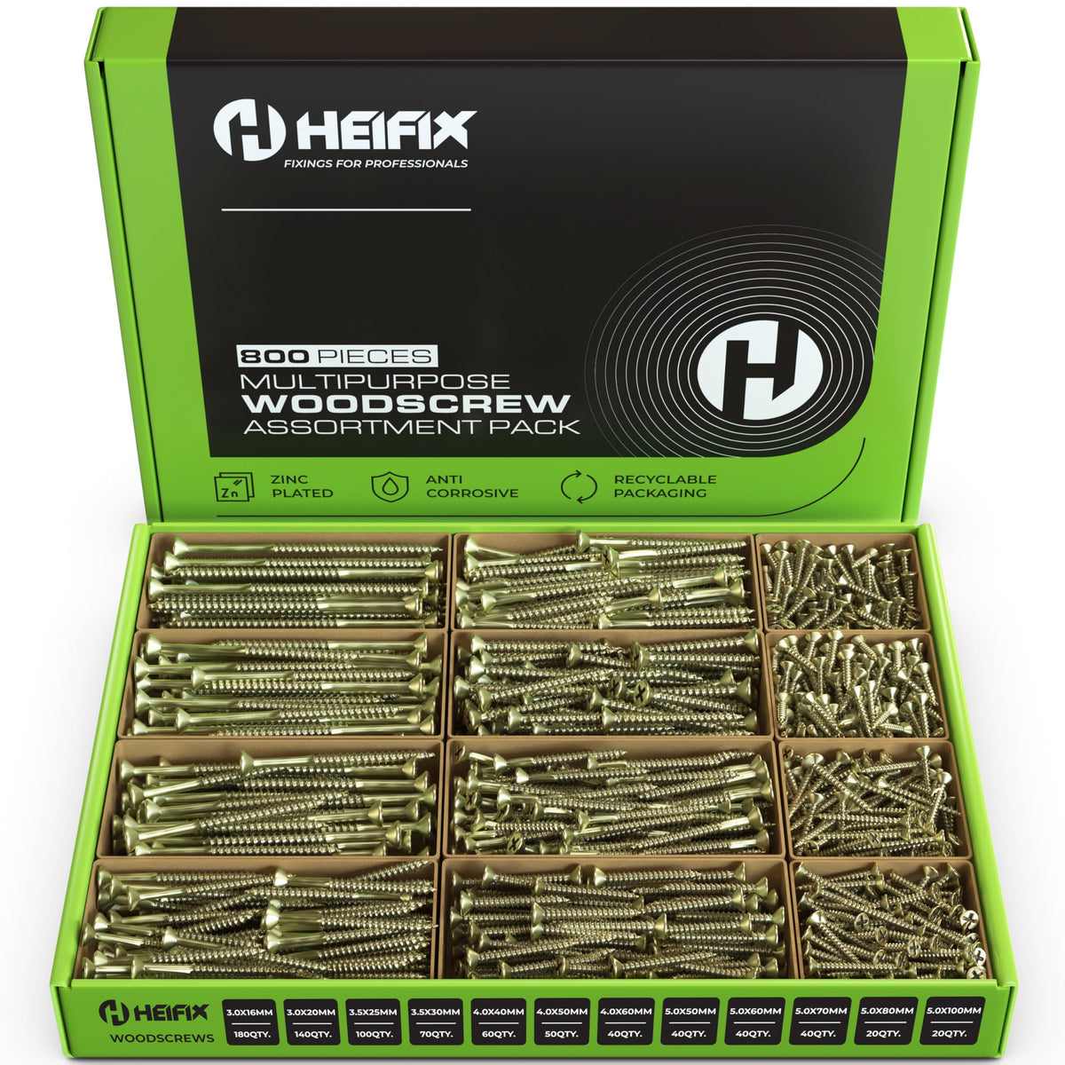Heifix 800-Piece Wood Screw Assortment Set In Eco Storage Box - FREE Screw Bit Included - Double Countersunk, Pozi, Heavy Duty - For DIY, Floorboard,