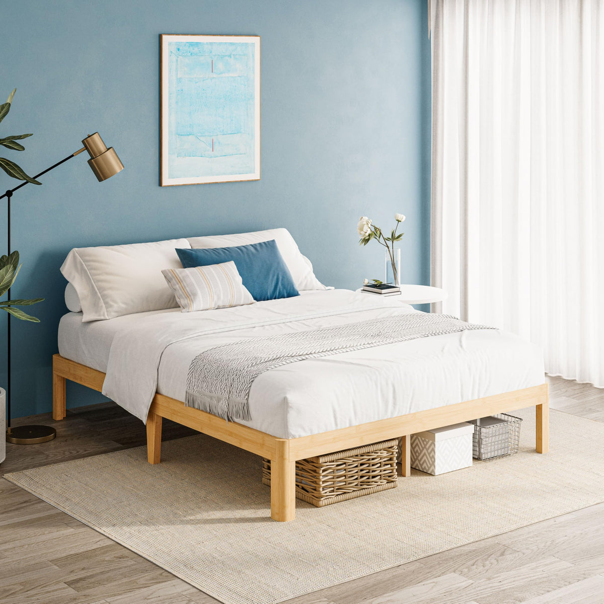 QFtime Bamboo Wood King Size Bed Frame with Metal Slats Support, Platform King Bed Frame, Easy to Install, Noise Free, Sturdy, 30.5 cm High