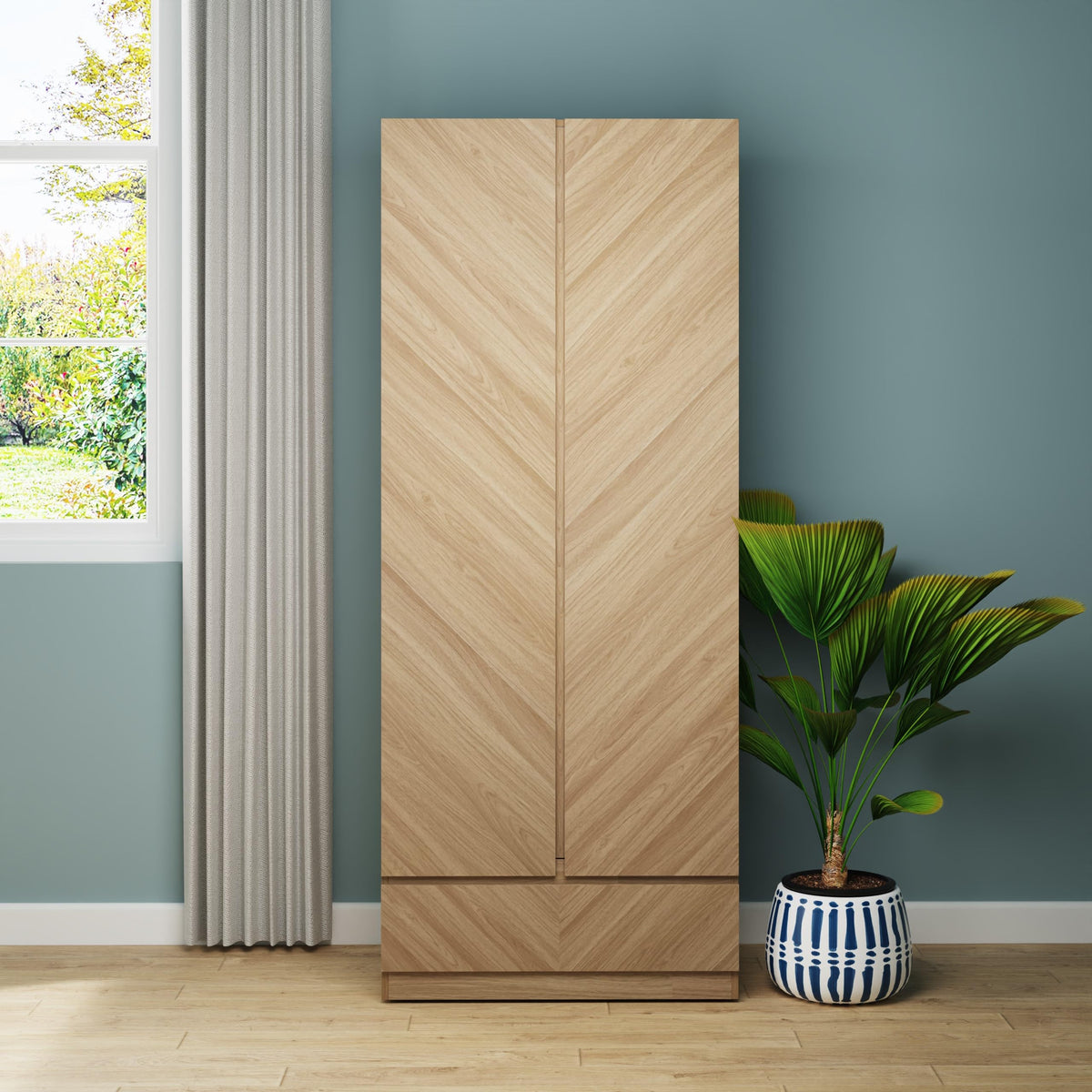 GFW Catania 2 Door Hanging Rail, Deep Top Shelf & 1 Drawer Wooden Wardrobe, Modern Bedroom Furniture Clothes Storage With Euro Oak Design Finish, Oak,