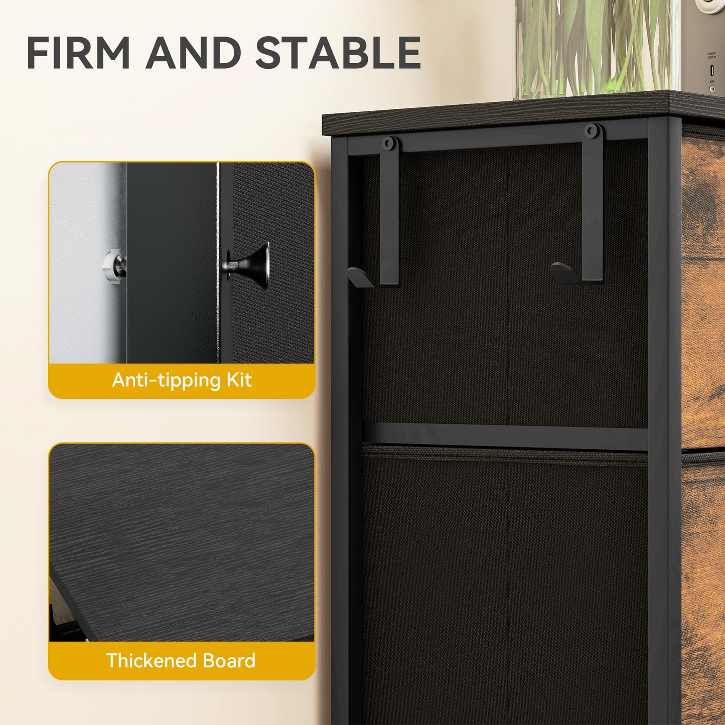 DWVO Narrow Chest of Drawers with 4 Drawers, Fabric Chest Drawers with Side Pocket&Hooks,Easy Pull Handle,Sturdy Steel Frame for Bedroom,Living