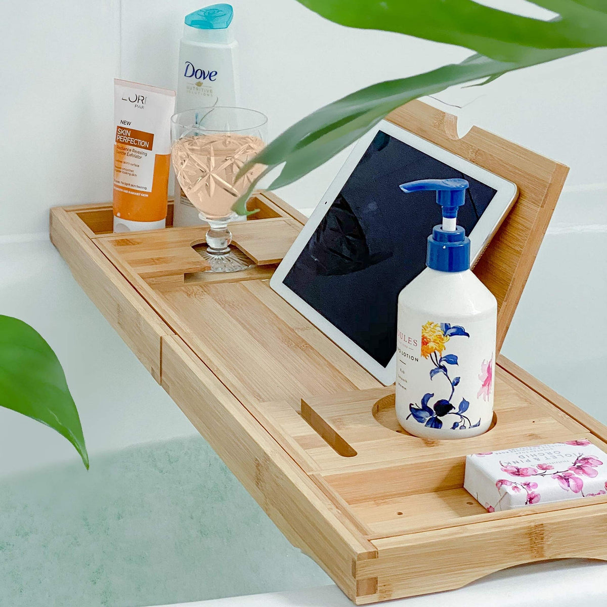 Deep Calm Bath Caddy ? Foldable, Extendable Bath Tray Holds Book, iPad, Tablet, Phone, Wine Glass, Candle - Adjustable Bathtub Table ? Luxury, Natural