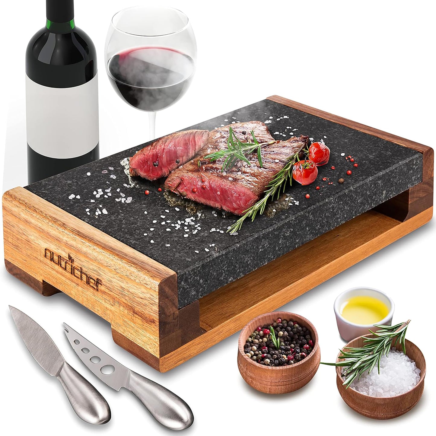Nutrichef Steak Stone, Grill Hot Stone Cooking Set,Hot Lava Rock Sizzling Plate for Steak BBQ with Stainless Steel Knives and Acacia Wood Serving