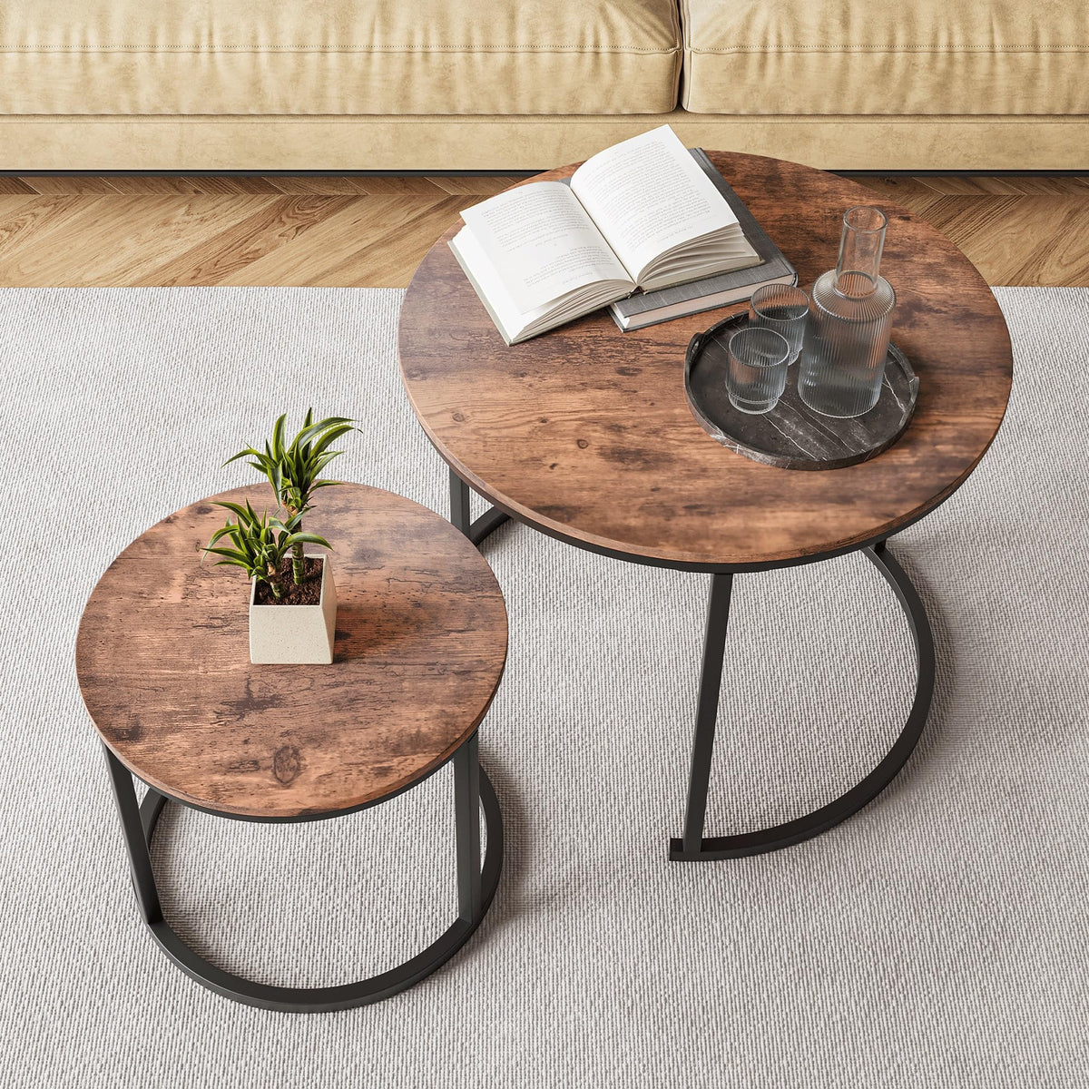 HOJINLINERO Small Round Nesting Coffee Table Set of 2 with Metal Frame and Wood Top, Modern Stacking Side Table for Living Room, Bedroom, Office