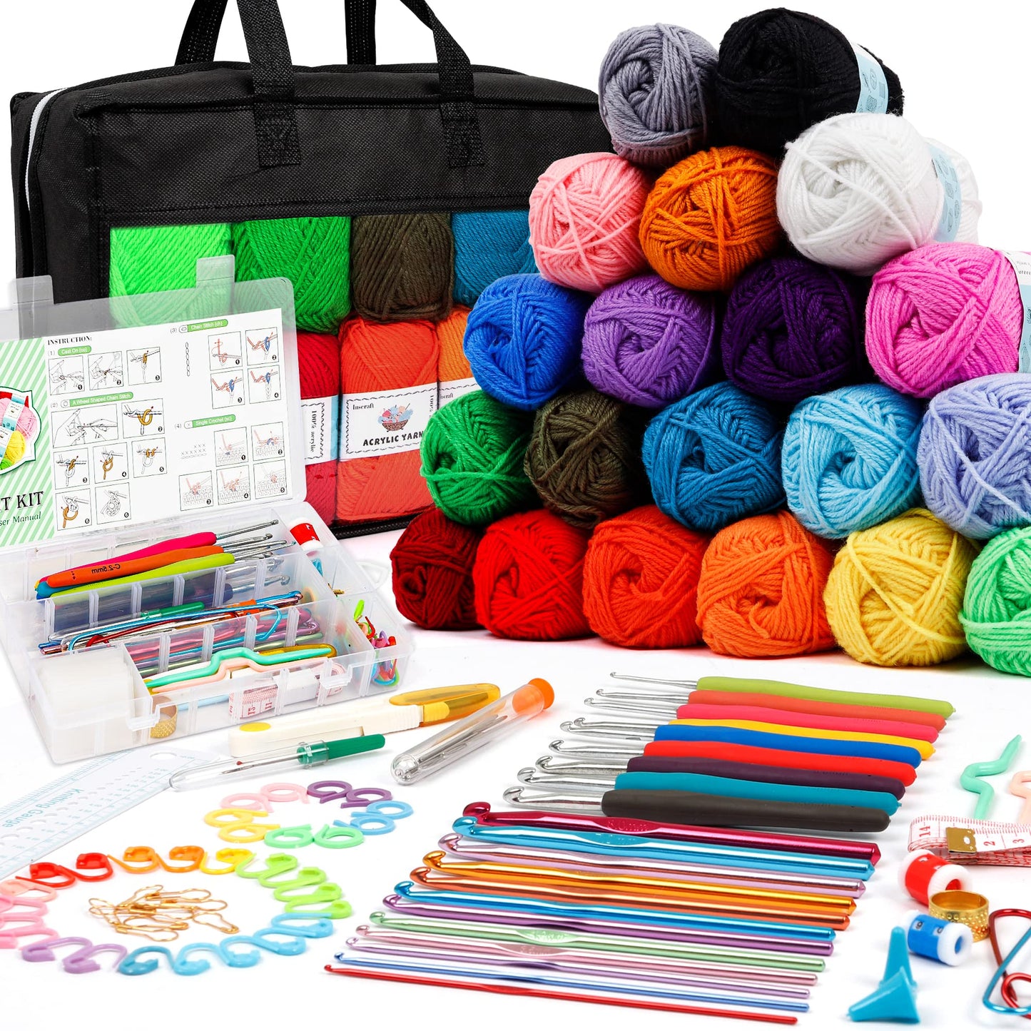 Inscraft Crochet Yarns Kit for Beginners Adults, 20 Acrylic Yarns Set for Crocheting, 2000 Yards Knitting Yarn Bag Kit, 85 PCS Crochet Accessories Set
