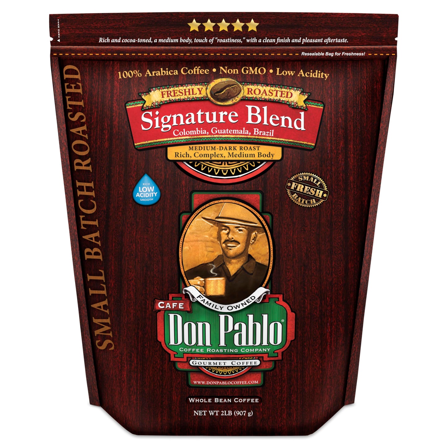 Don Pablo Signature Blend - Medium-Dark Roast Gourmet Coffee, 100% Arabica Whole Bean, Low Acidity, Non-GMO, 907g (2LB)