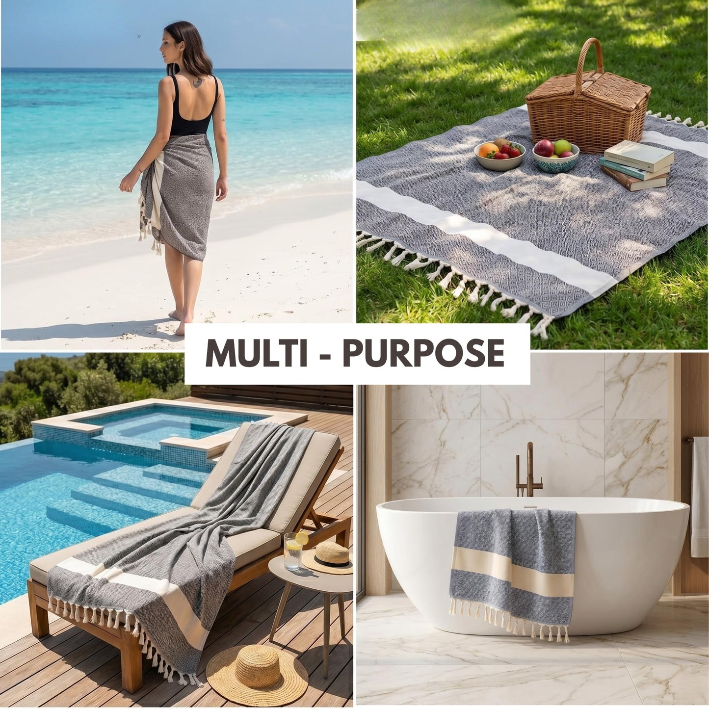 Turkish Beach Towels - Beach Towels for Adults Extra Large 100x180cm - Turkish Hammam Peshtemal Towel - Super Absorbent, Quick Dry, Lightweight