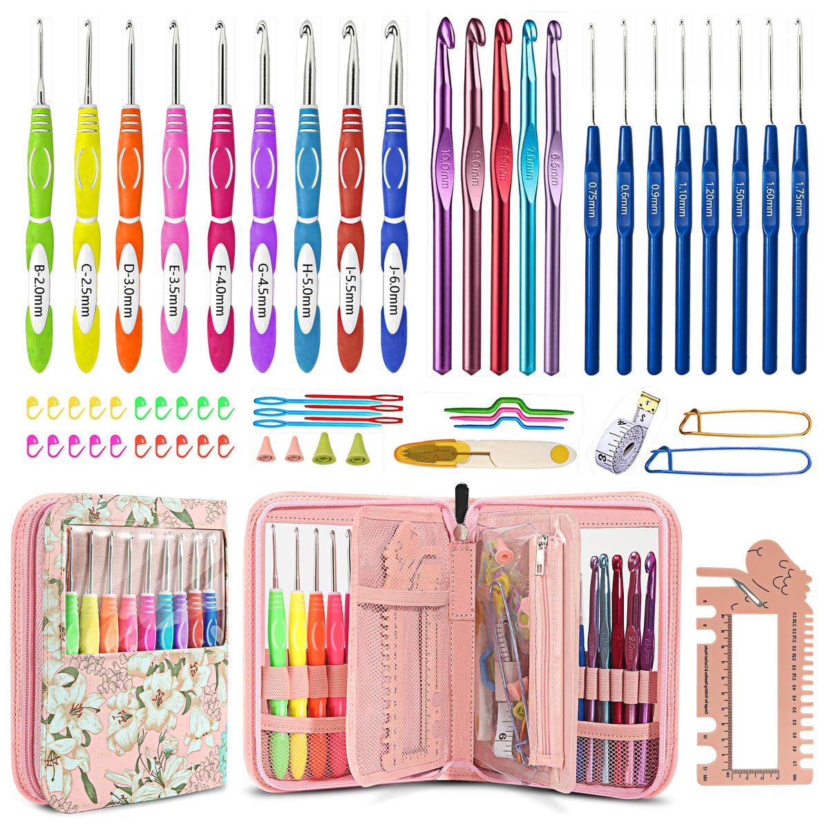 61Pcs Ergonomic Crochet Hooks Set, 22size (0.75mm-10mm), with Case for Arthritic Hands, Extra Long Crochet Needles(Pink)