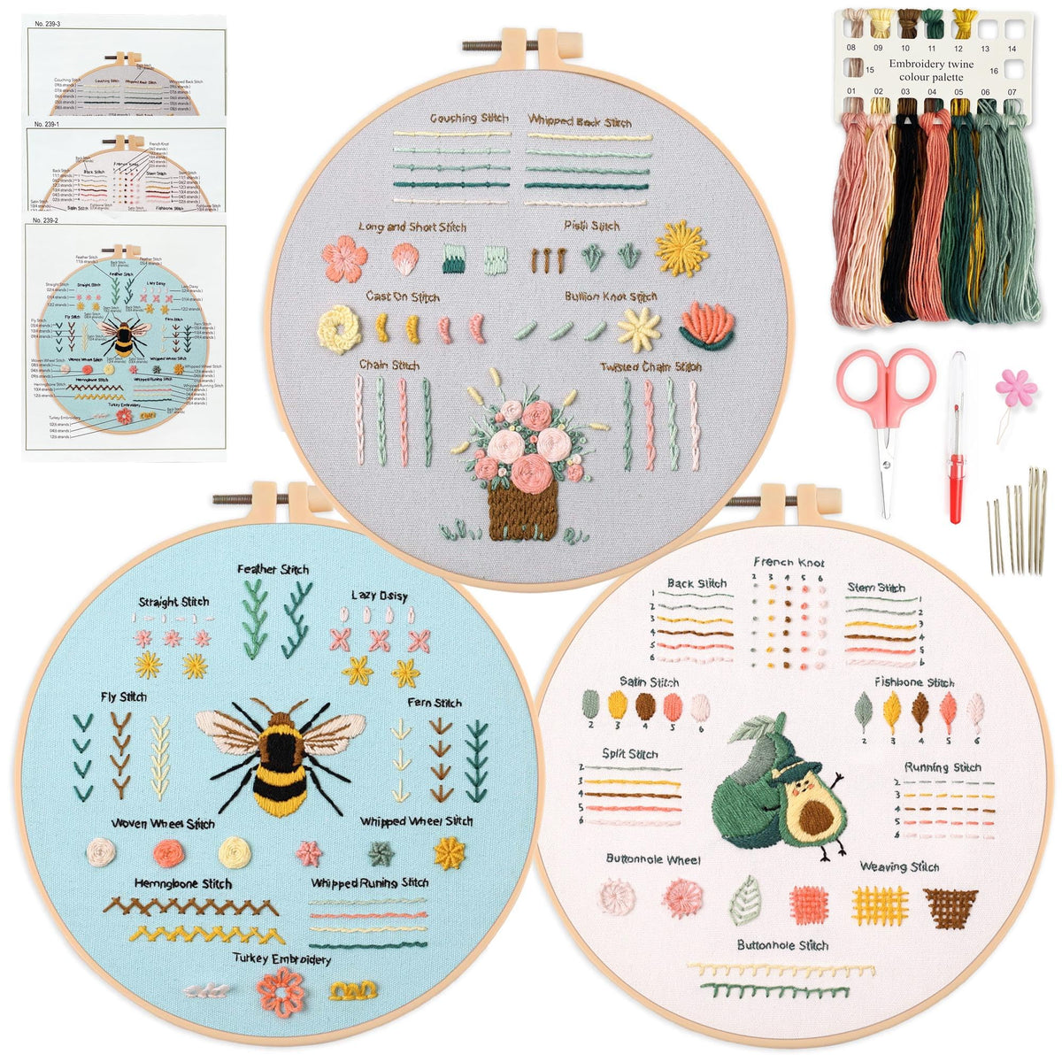 Myfelicity 3 Embroidery kit for Beginners, Embroidery Starter Kits to Learn 28 Different Stitches, Including Fabric with Prints, Threads, Needles,