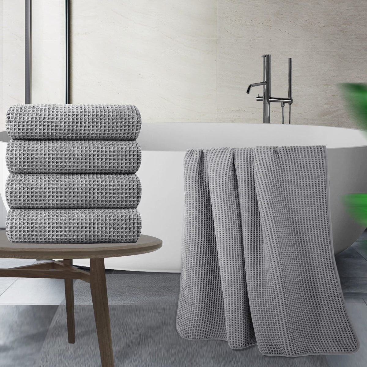 POLYTE Microfibre Oversize Quick Dry Lint Free Bath Towel, 152 x 76 cm, 4 Pack (Grey, Waffle Weave)