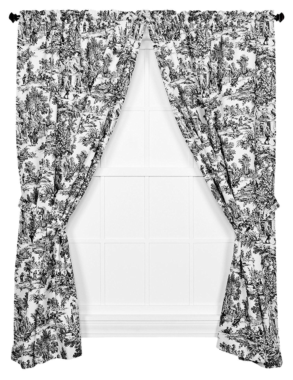 Ellis Curtain Victoria Park Toile 68-Inch-by-63 Inch Tailored Panel Pair with Tiebacks, Black