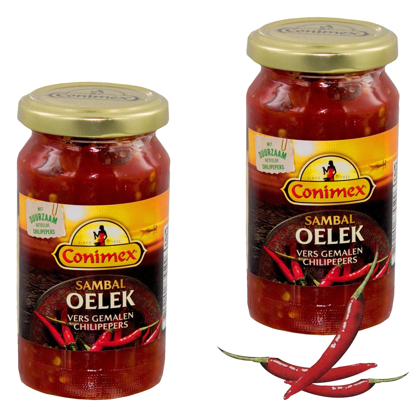 Conimex Sambal Oelek, Set of 2, Indonesische Chili Paste, Gravy, Sauce Spices, Sharp, 375 g
