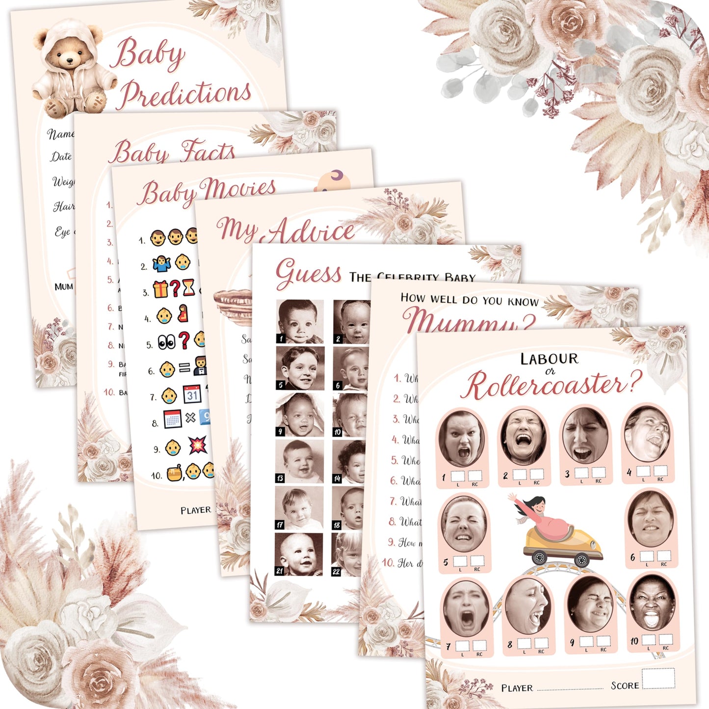 Baby Shower Games (7 Fun Games for 12 Guests), Baby Predictions, Guess The Celebrity, Labour or Rollercoaster, Baby Movie Emoji Game and More, Teddy
