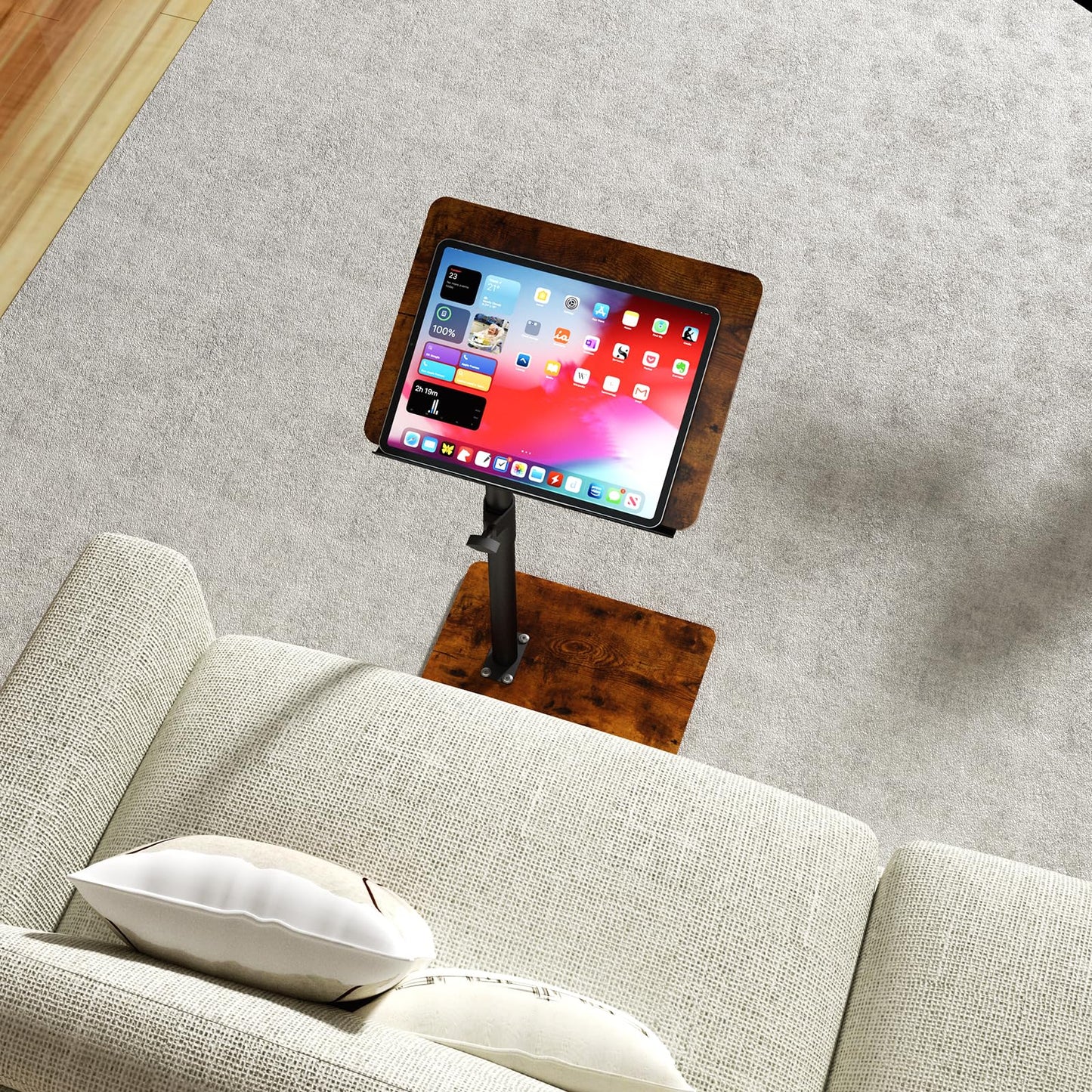 YUHFERA Sofa Armrest Tray Table for Couch - 360? Swivel Height Adjustable End Desk for Small Spaces, Snack Side Table for Bed or Chair with Phone &