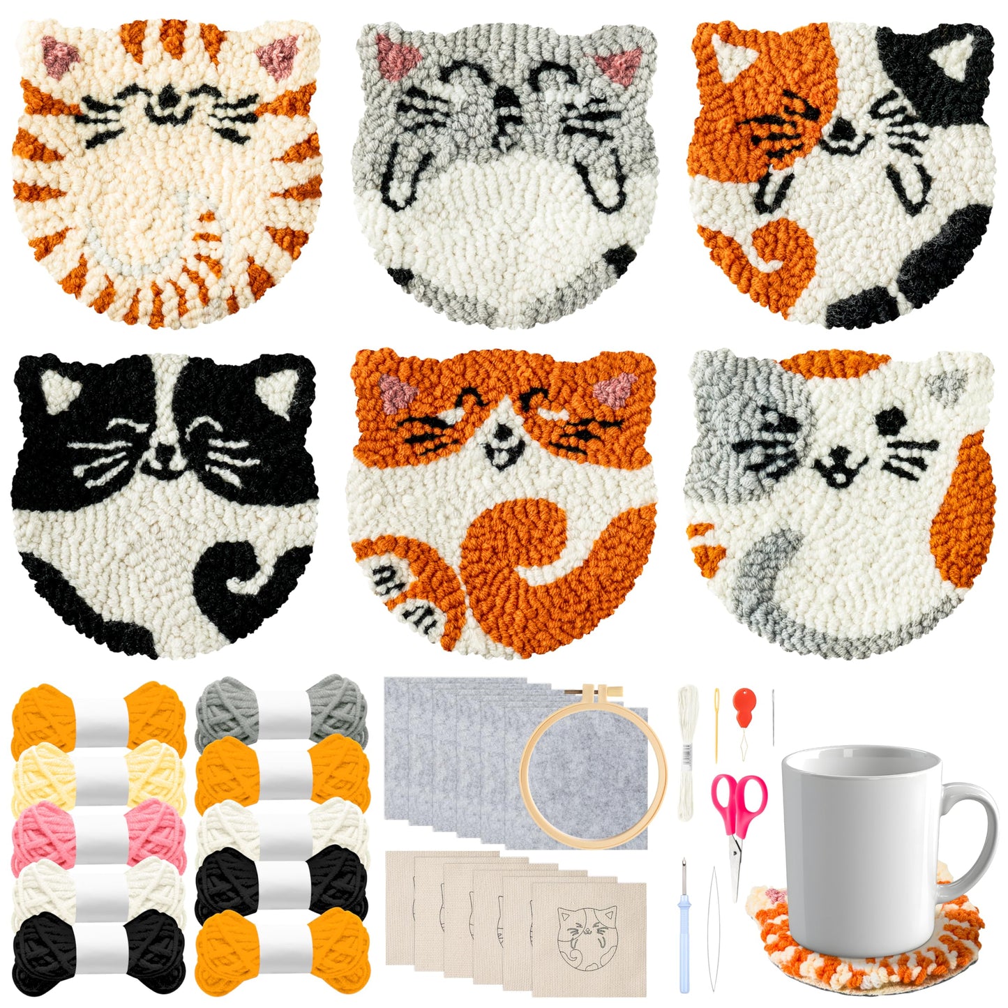 WATINC 22PCS Craft Punch Needle Coaster Kit with Cat Pattern DIY Embroidery Kit for Beginner Easy Embroidery Art and Crafts Needle Coaster with