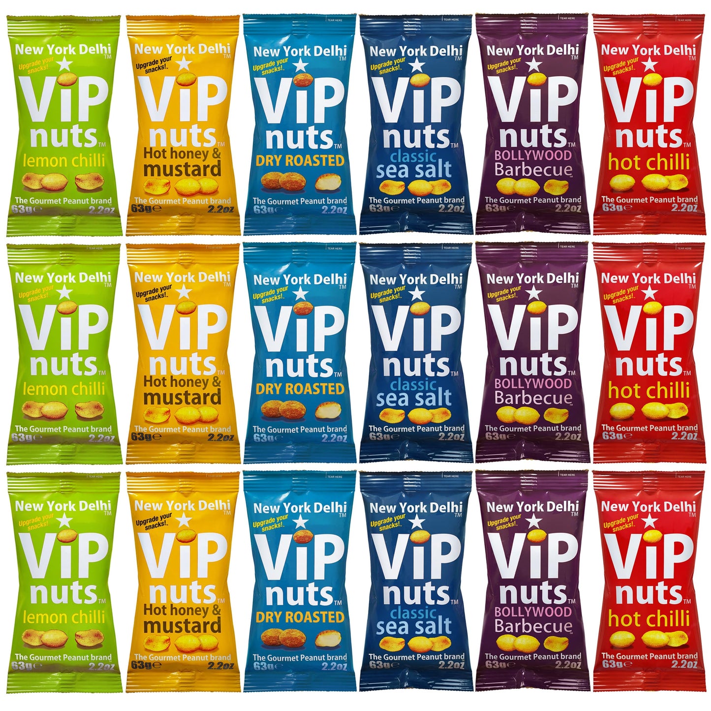 New York Delhi ViPnuts, Selection Box (18 x 63g) 6 to 7 Flavours, Hot chilli, Lemon, BBQ, Honey & Mustard, Cheese & Onion, Classic, Dry Roasted