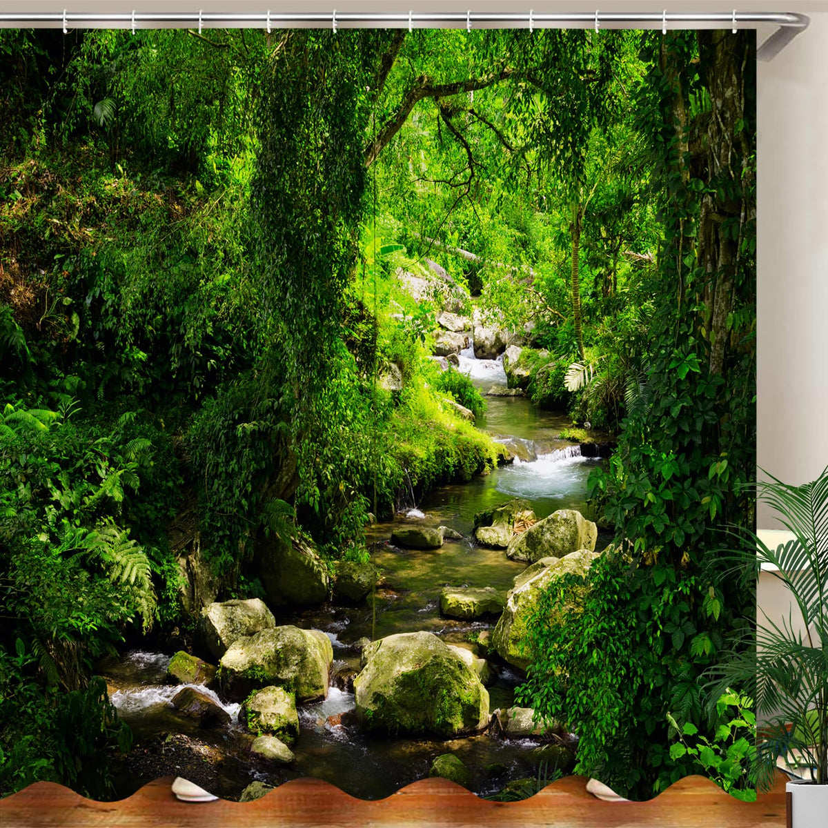 JOOCAR Garden Shower Curtain, Green Nature Forest Jungle Tropical Rainforest Woodland Stream Mossy Rocks Summer Landscape Scenery, Waterproof Cloth