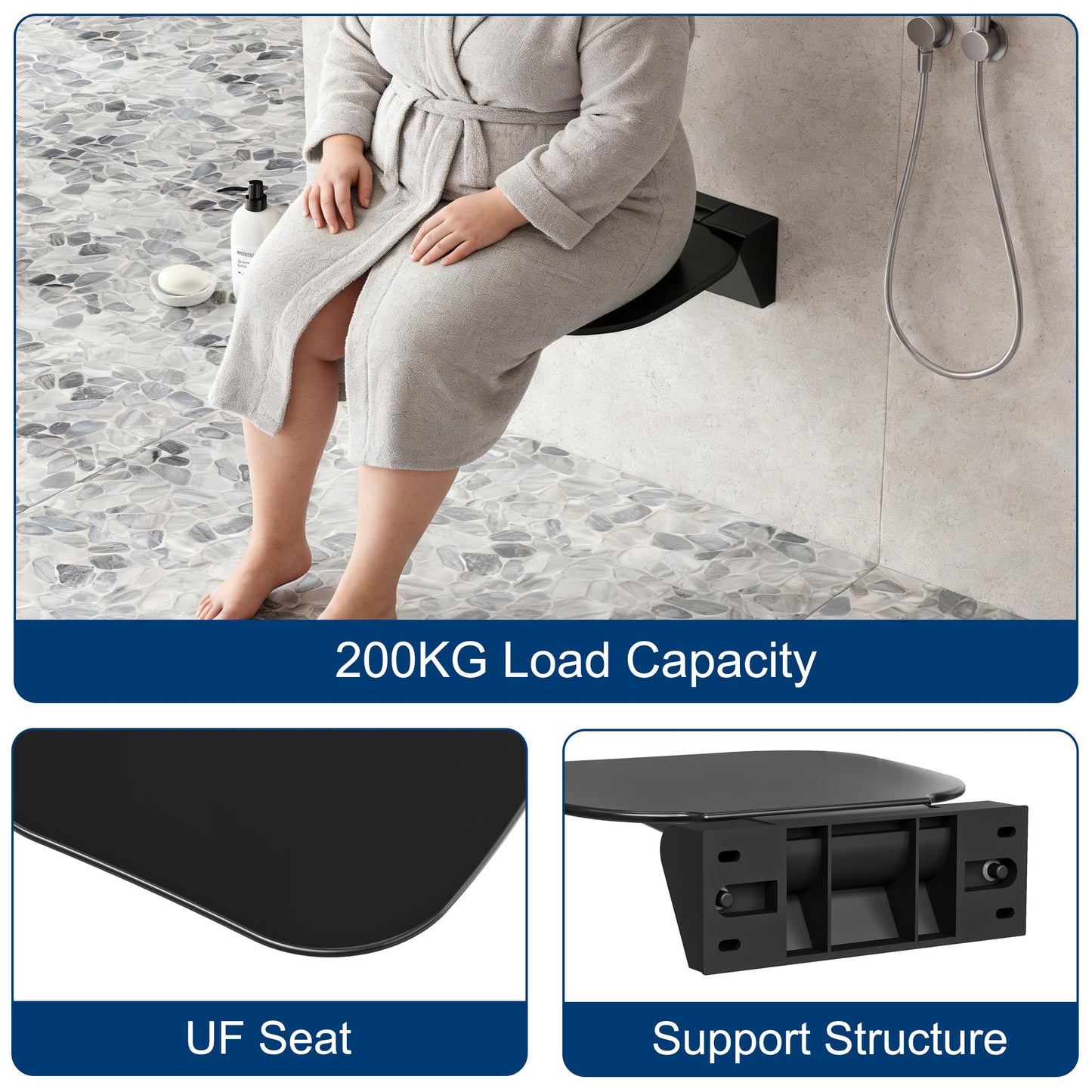 Neohomee Folding Shower Seat Wall Mounted Shower Chair 40x40 cm, Extra-Wide Black Shower Stool for Elderly, 200kg Capacity, Anti-Slip