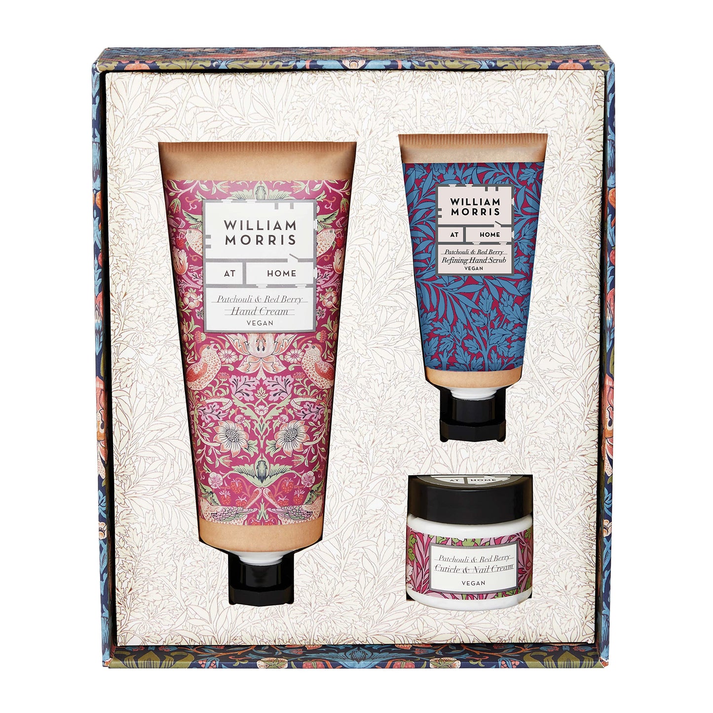 William Morris At Home Hand Cream 100ml, Hand Scrub 50ml, Nail and Cuticle Cream 35ml, Hand Care Beauty Gift Set, Fragranced with Patchouli Essential