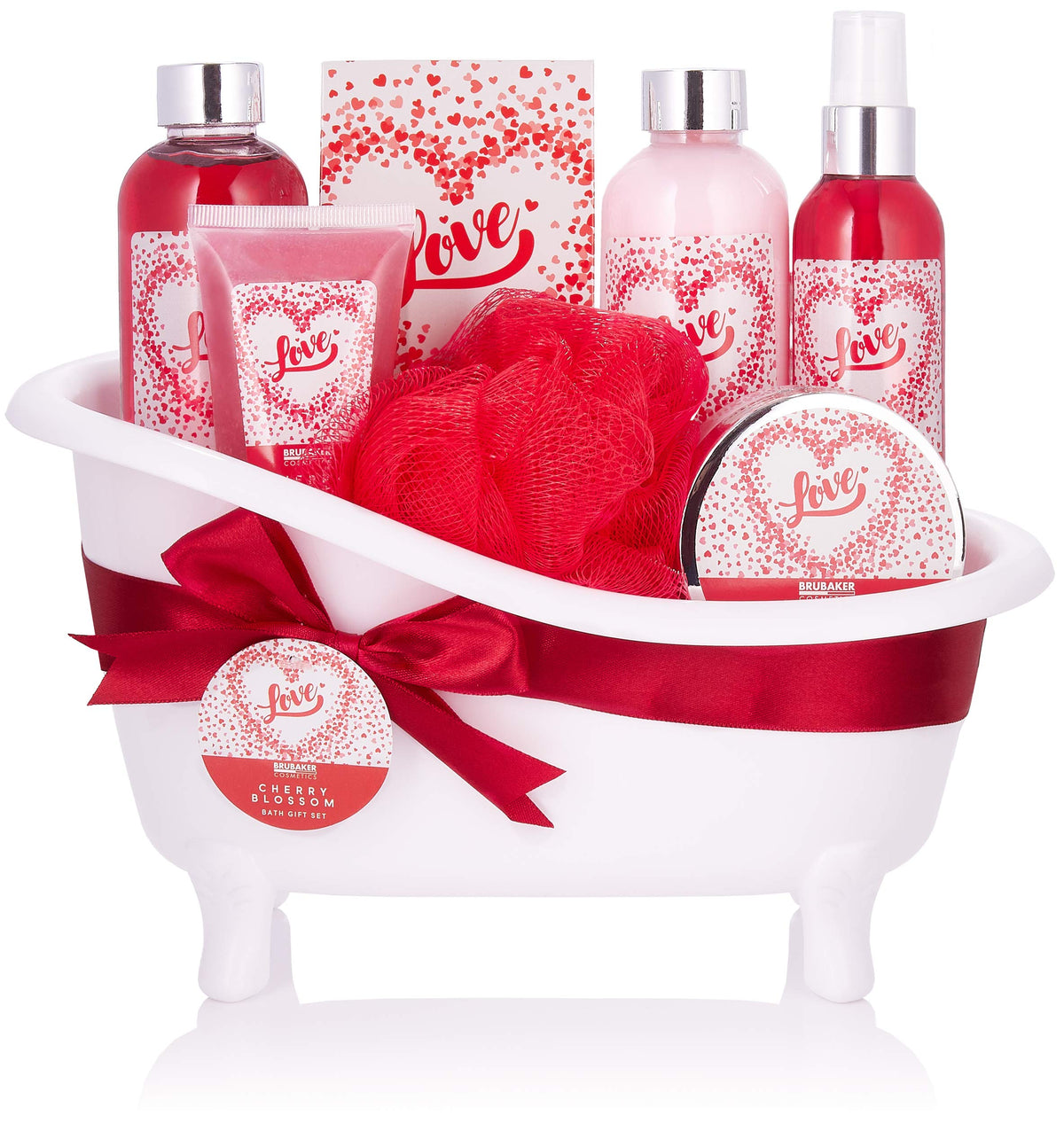 BRUBAKER Cosmetics Bath and Shower Set Love - with Cherry Blossom Scent - 8-piece Gift Set in Decorative Tub