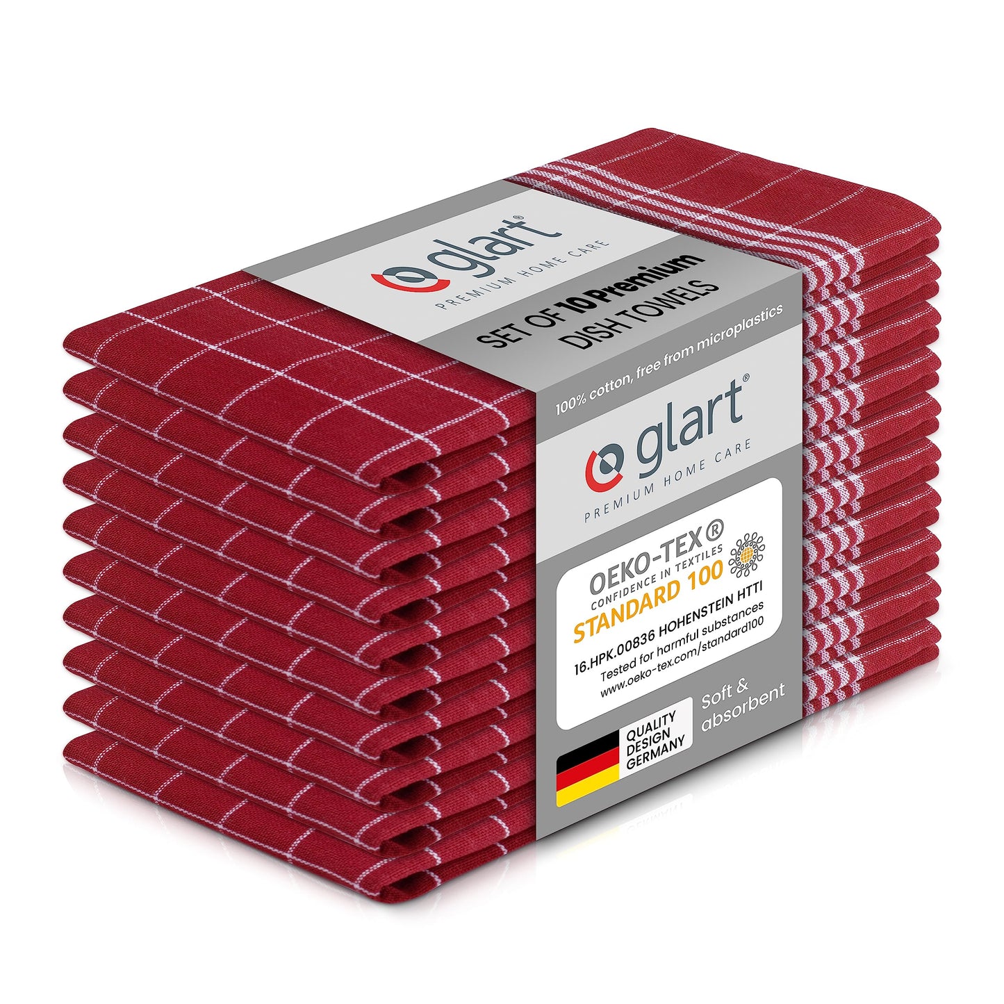 Glart 48RI2 Set of 10 Kitchen Towels 50x70 cm made of 100% Cotton in red, OEKO-TEX Standard 100 certified, lint-free, washable, prewashed for kitchen