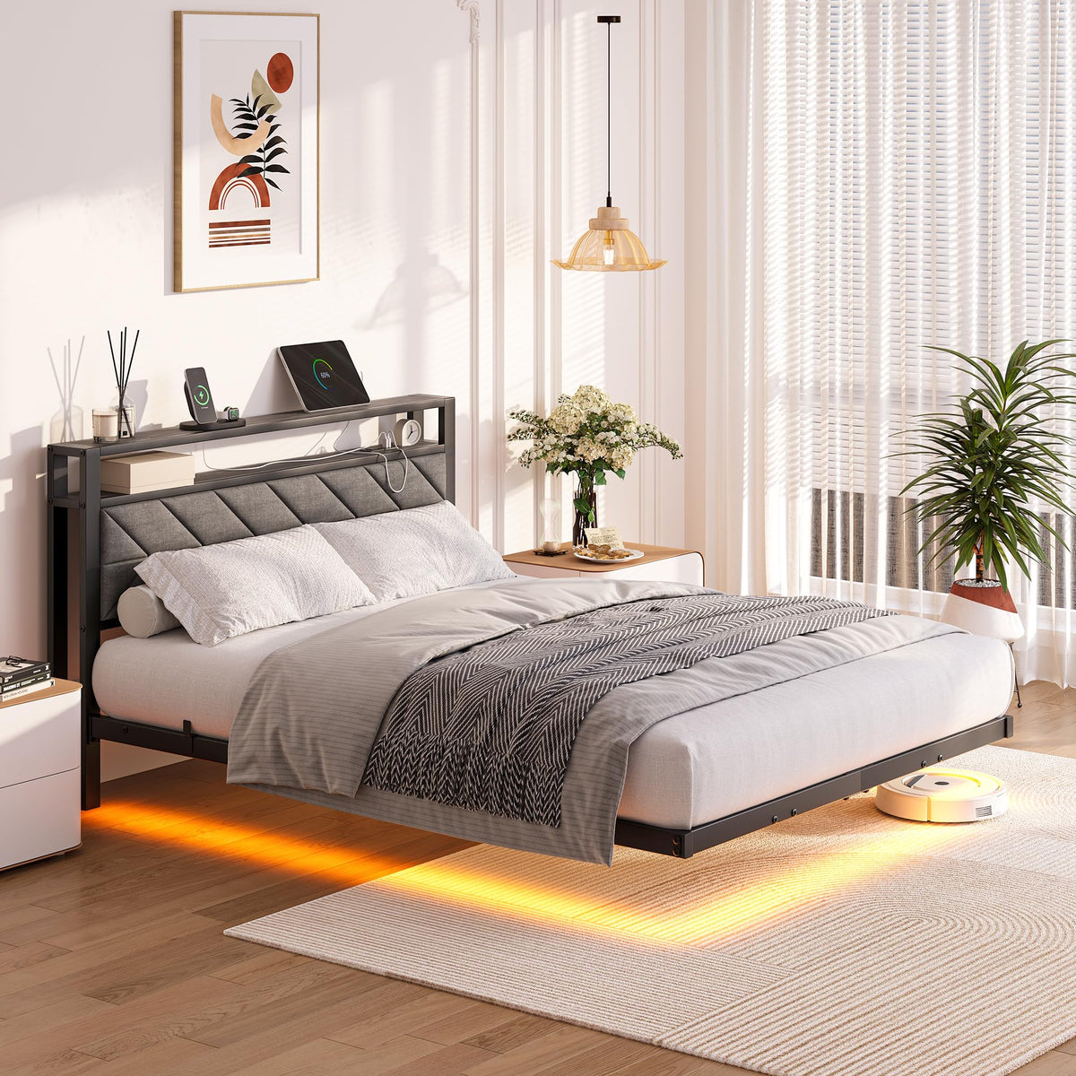 VERFARM 4ft6 Upholstered Floating Double Bed Frame Black, Storage Headboard